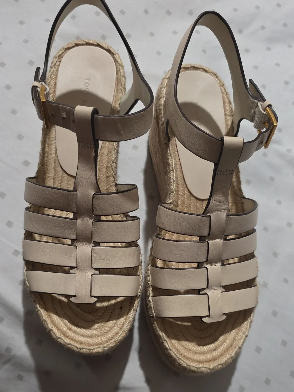 Tory Burch Neutral Leather Strappy Espadrille Wedge Sandals